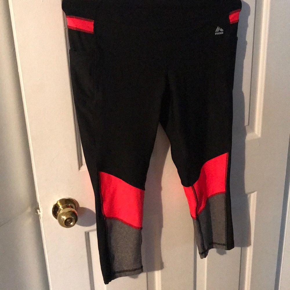 Workout leggings with pink and gray stripes